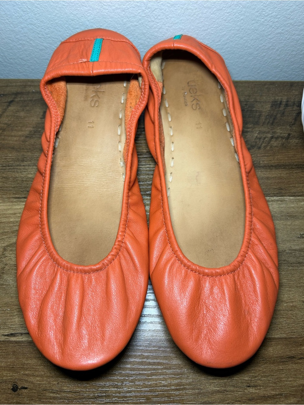 Tieks Orange Leather Ballet Flats with Teal Accent
